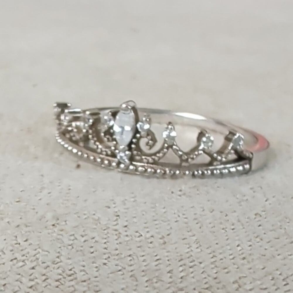 925 Sterling Silver Princess Tiara Crown Ring CZ Size 9.5